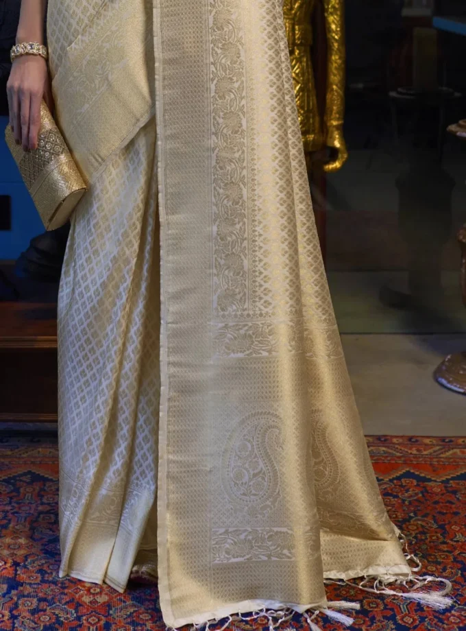 Demesne Beige Kanjivaram Silk Saree With Beautiful Blouse Piece