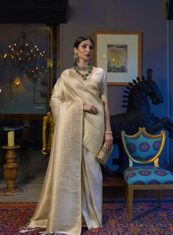 Demesne Beige Kanjivaram Silk Saree With Beautiful Blouse Piece