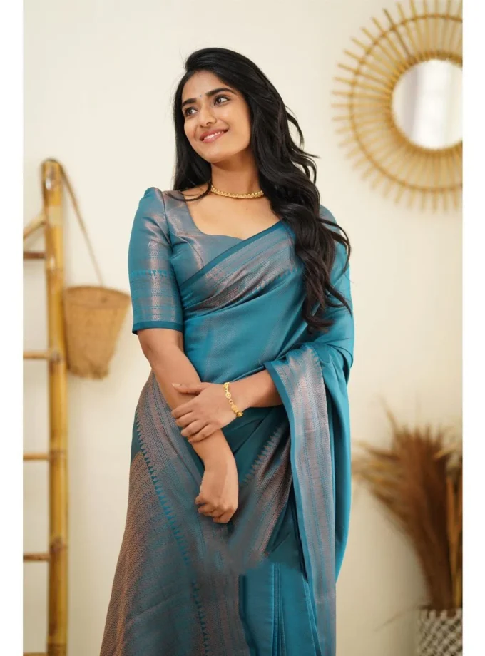 Brood Firozi Soft Silk Saree With Designer Blouse