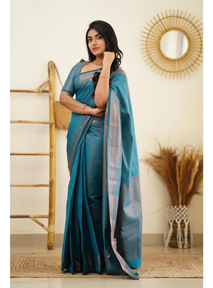 Brood Firozi Soft Silk Saree With Designer Blouse