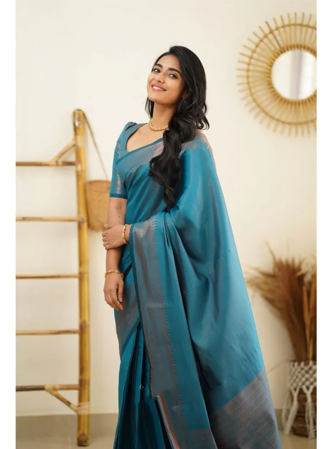 Brood Firozi Soft Silk Saree With Designer Blouse