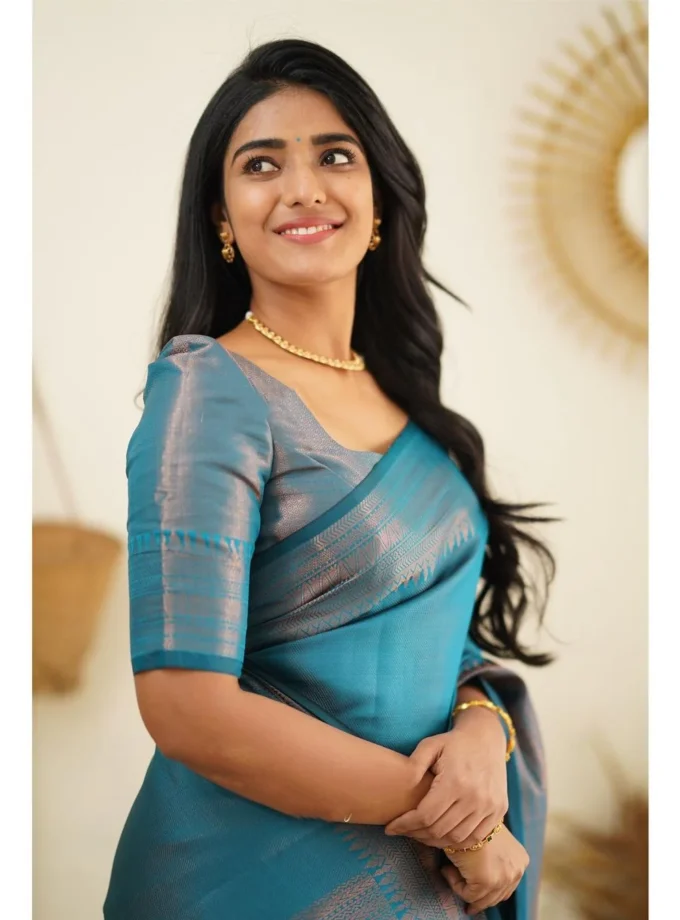 Brood Firozi Soft Silk Saree With Designer Blouse