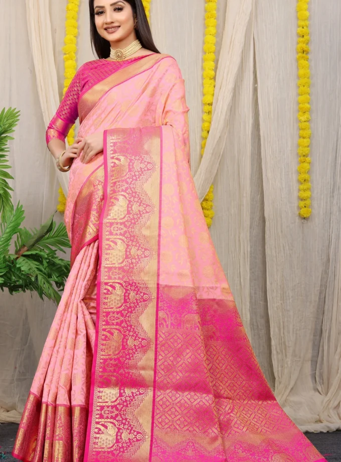 Unique Baby Pink Kanjivaram Silk With Luxuriant Blouse Piece