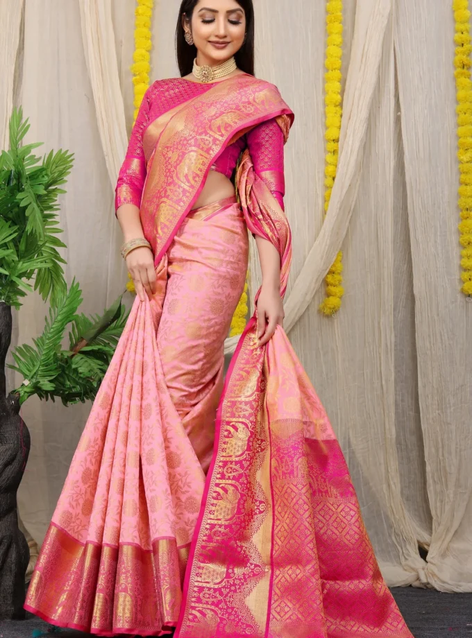 Unique Baby Pink Kanjivaram Silk With Luxuriant Blouse Piece