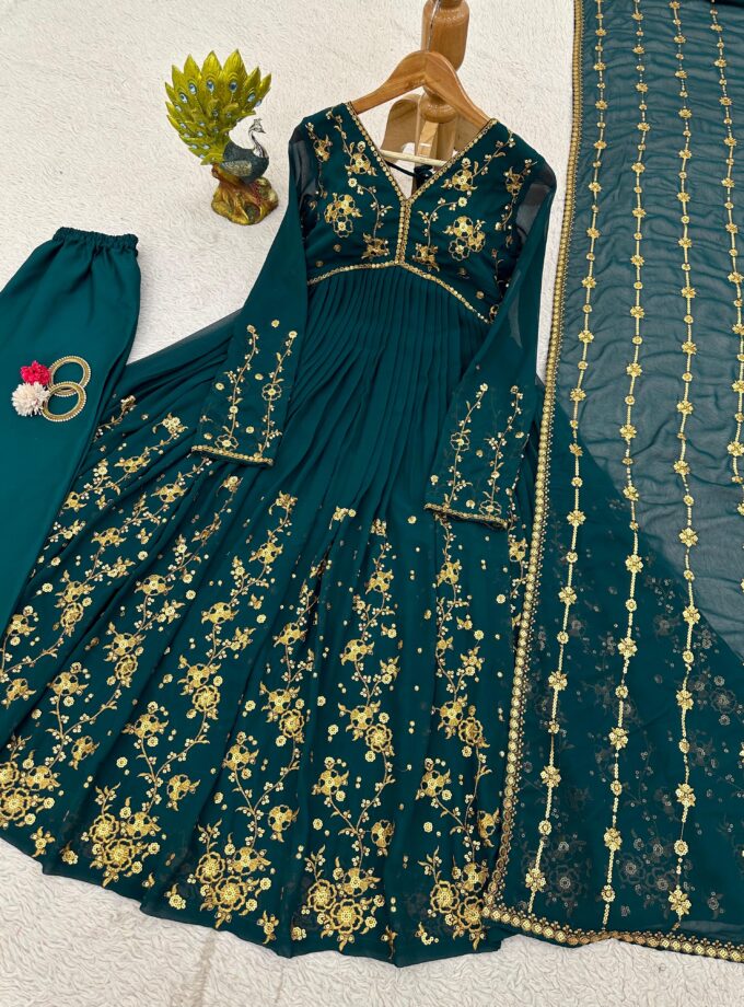 Heavy Sequence Work Blue Colour Designer Gown