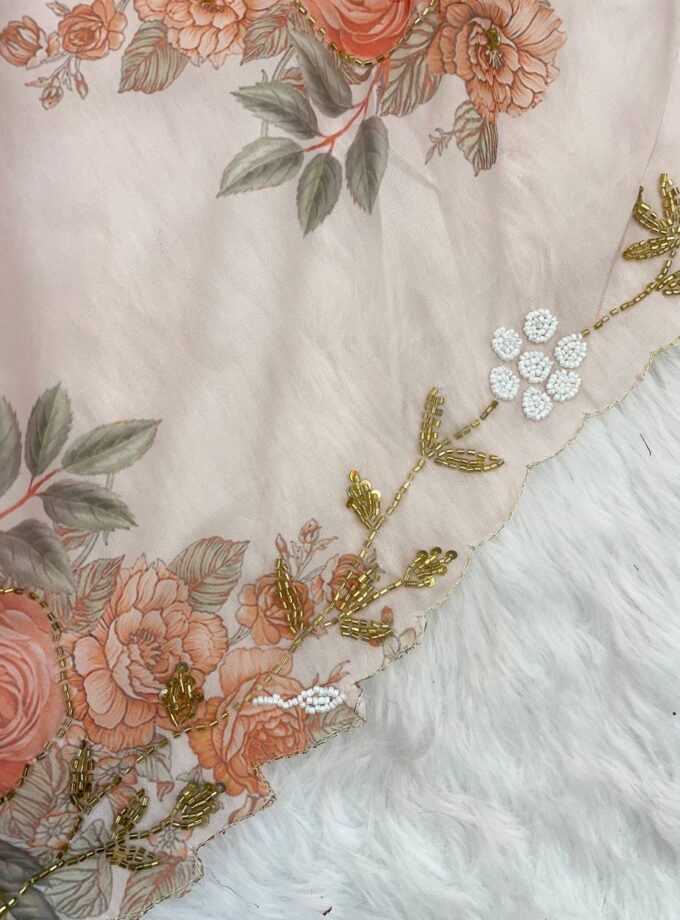 Madhurya Hand Embellished Floral Net Saree in Peach Colour