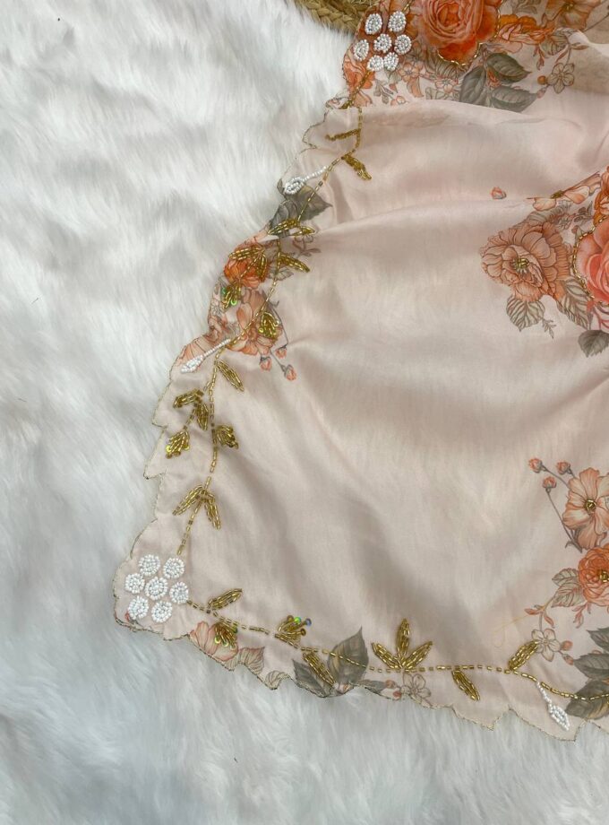 Madhurya Hand Embellished Floral Net Saree in Peach Colour