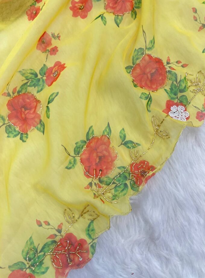 Madhurya Hand Embellished Floral Net Saree in Yellow Colour