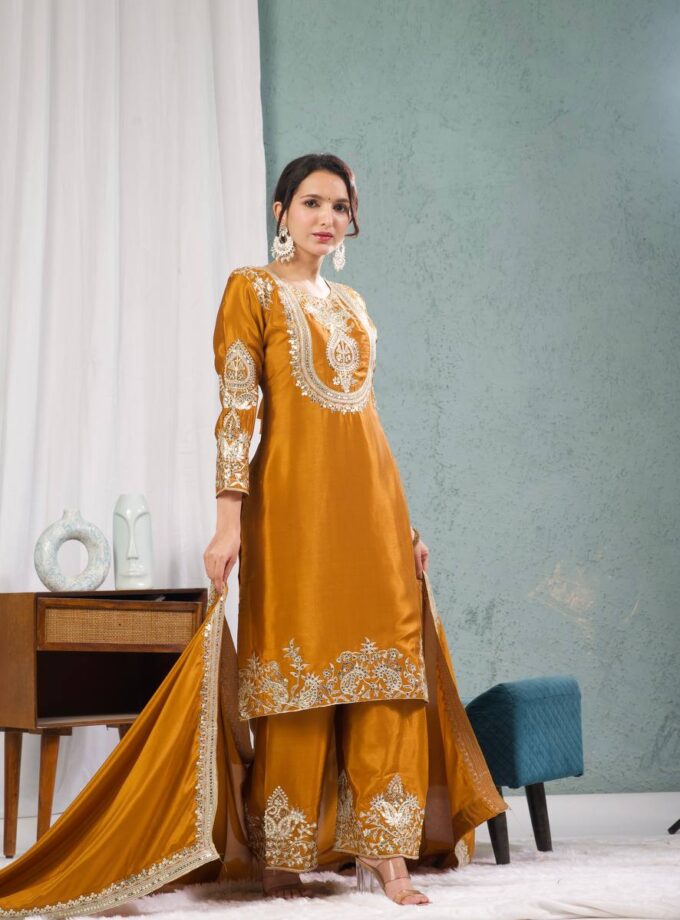 Madhurya Yellow Indian Kurta Pant Set with Embroidery Work
