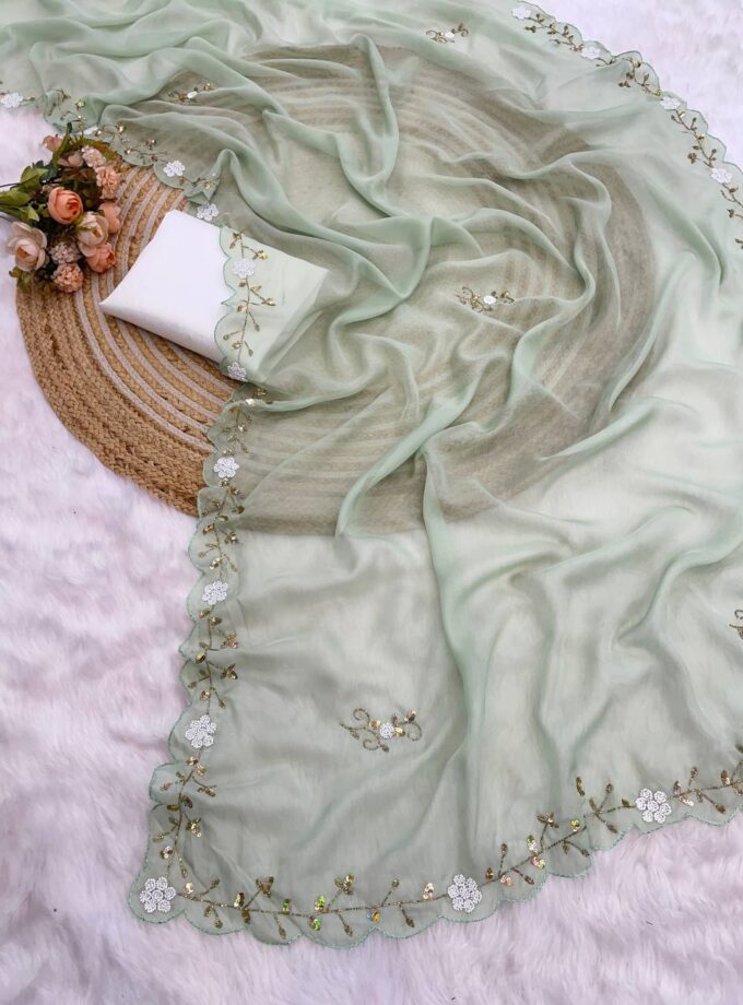 Madhurya Light Green Saree with Floral Wine Borders