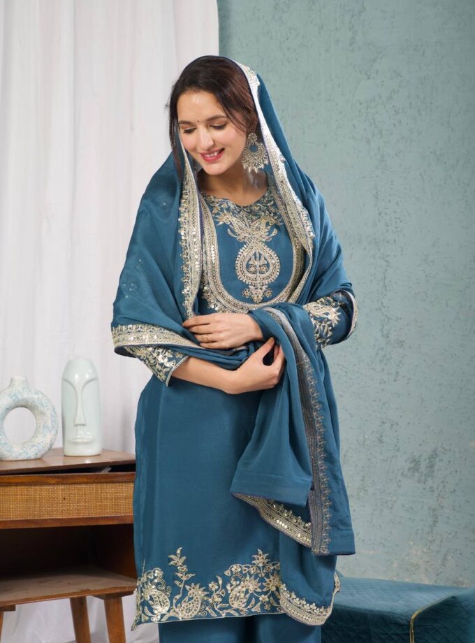 Madhurya Royal Teal Embroidered Silk Suit with Pants & Dupatta