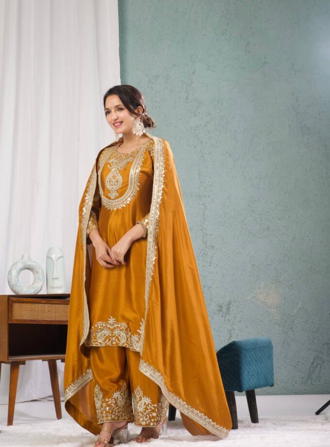 Madhurya Yellow Indian Kurta Pant Set with Embroidery Work