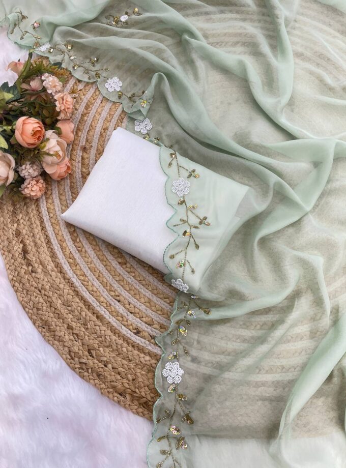 Madhurya Light Green Saree with Floral Wine Borders