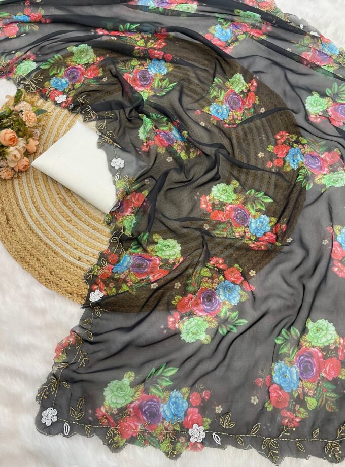 Madhurya Hand Embellished Floral Net Saree in Black Colour