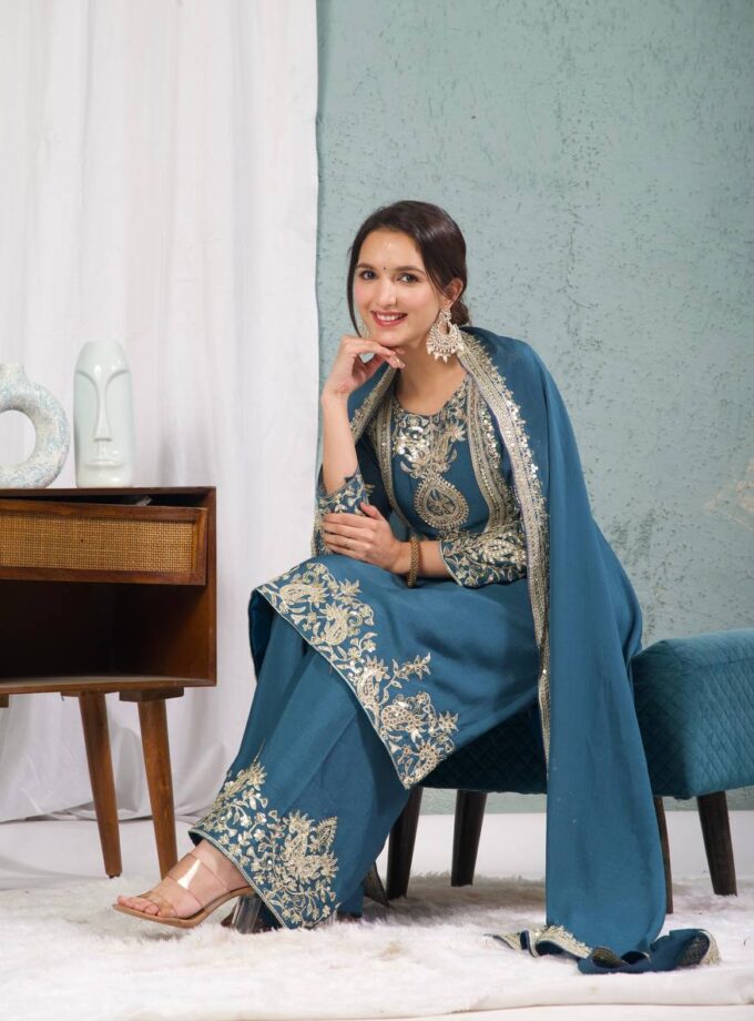 Madhurya Royal Teal Embroidered Silk Suit with Pants & Dupatta