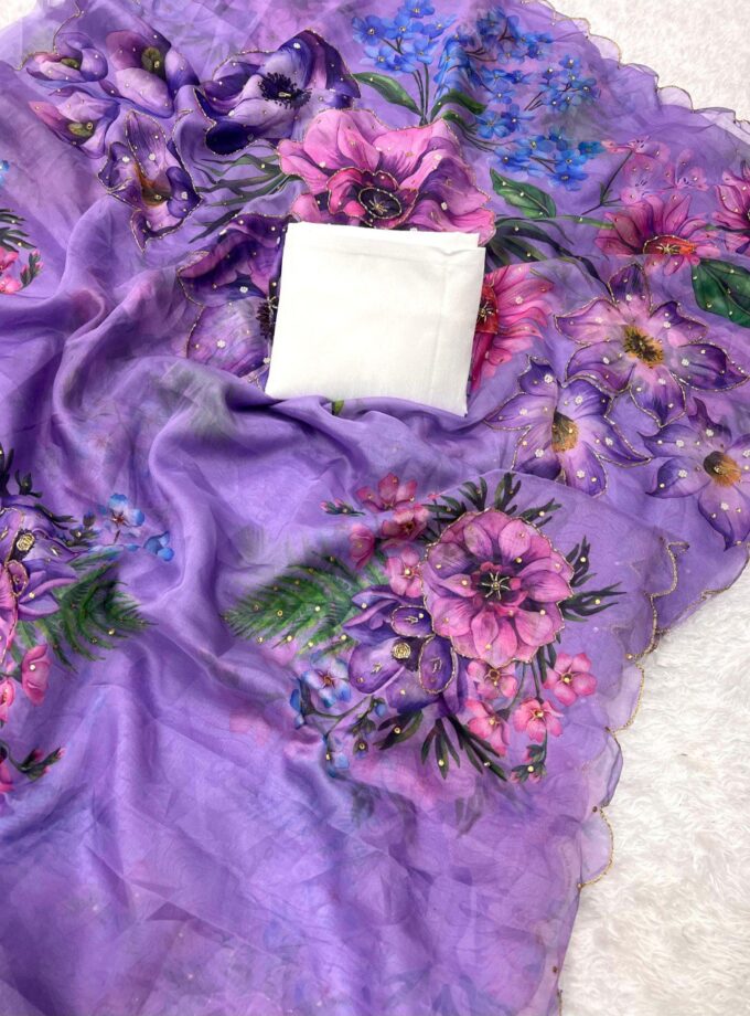 Madhurya Lavender Teby Silk Saree with Bold Floral Art