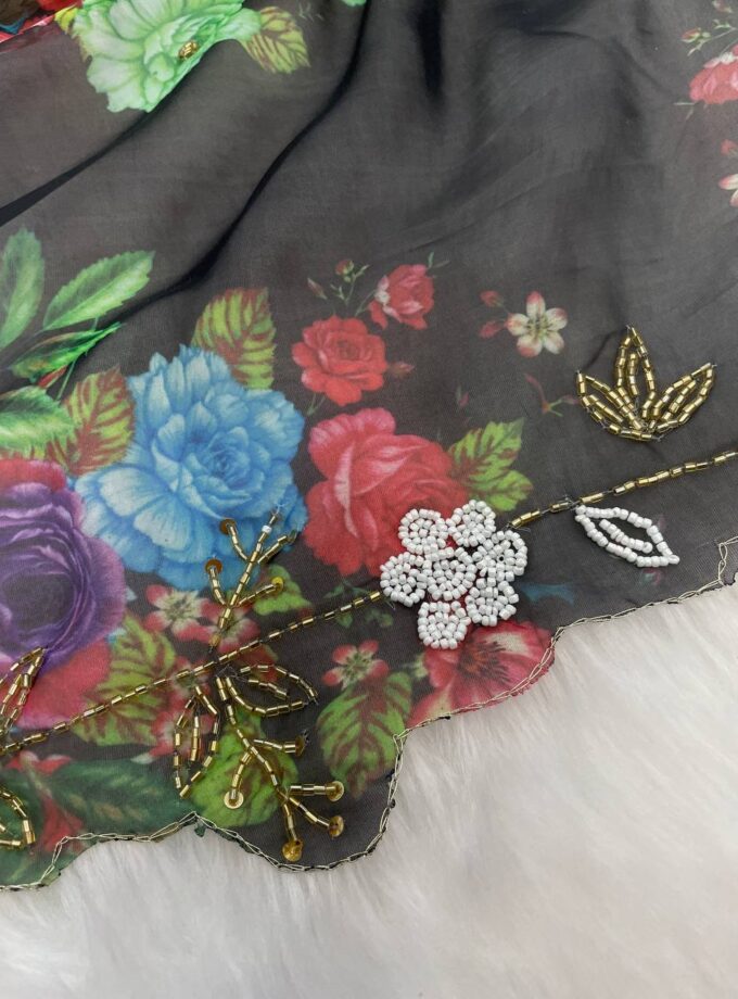 Madhurya Hand Embellished Floral Net Saree in Black Colour