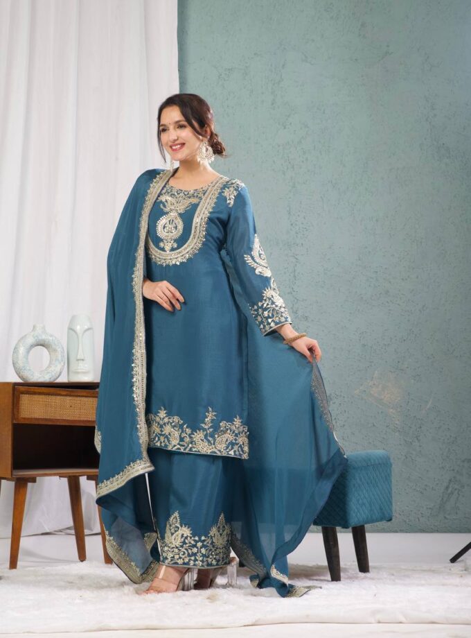 Madhurya Royal Teal Embroidered Silk Suit with Pants & Dupatta