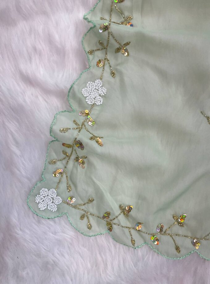 Madhurya Light Green Saree with Floral Wine Borders