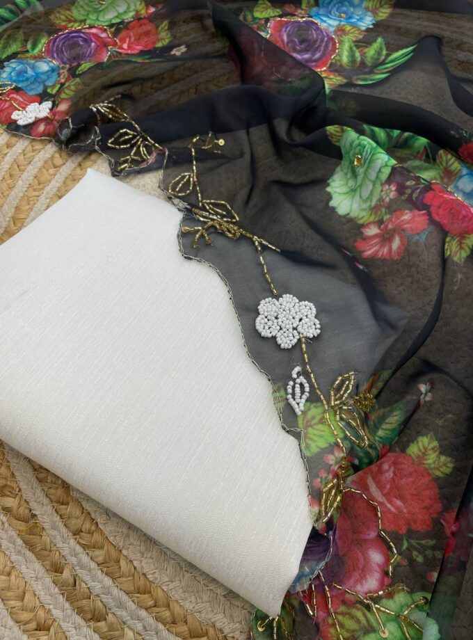 Madhurya Hand Embellished Floral Net Saree in Black Colour