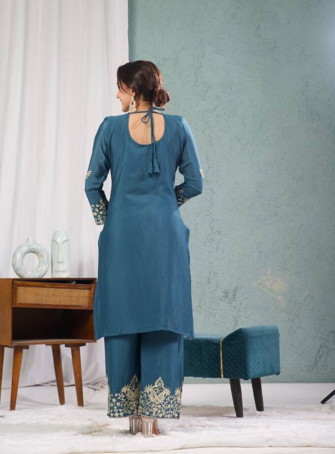 Madhurya Royal Teal Embroidered Silk Suit with Pants & Dupatta