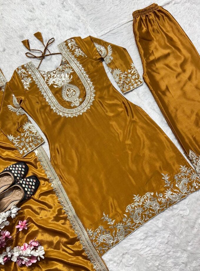 Madhurya Yellow Indian Kurta Pant Set with Embroidery Work