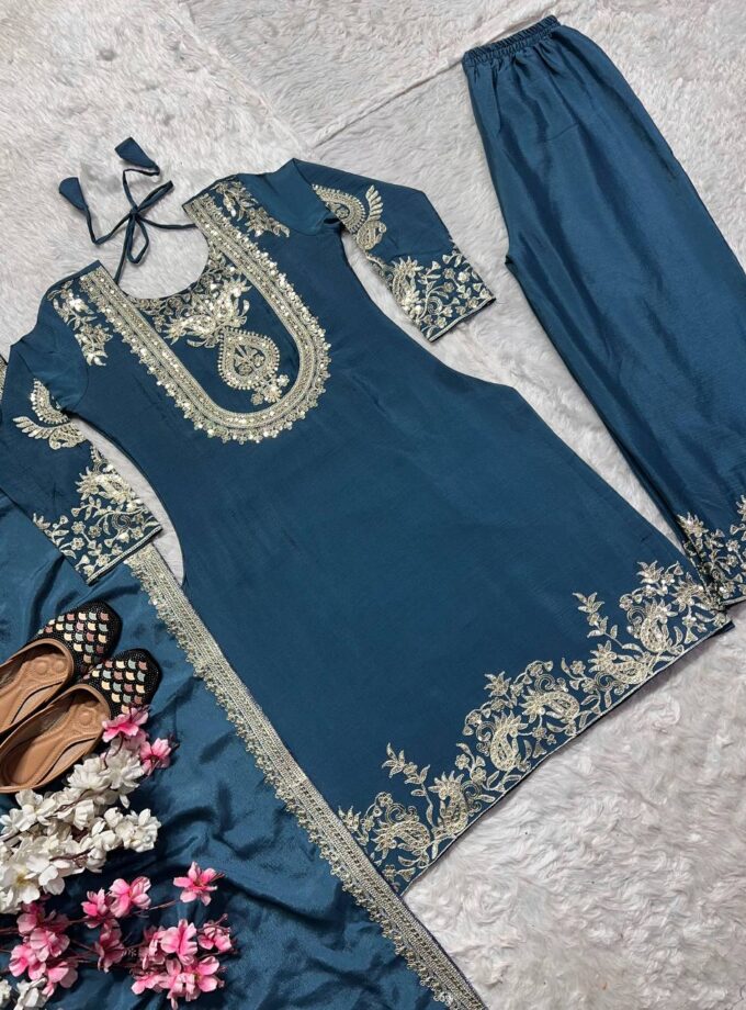 Madhurya Royal Teal Embroidered Silk Suit with Pants & Dupatta