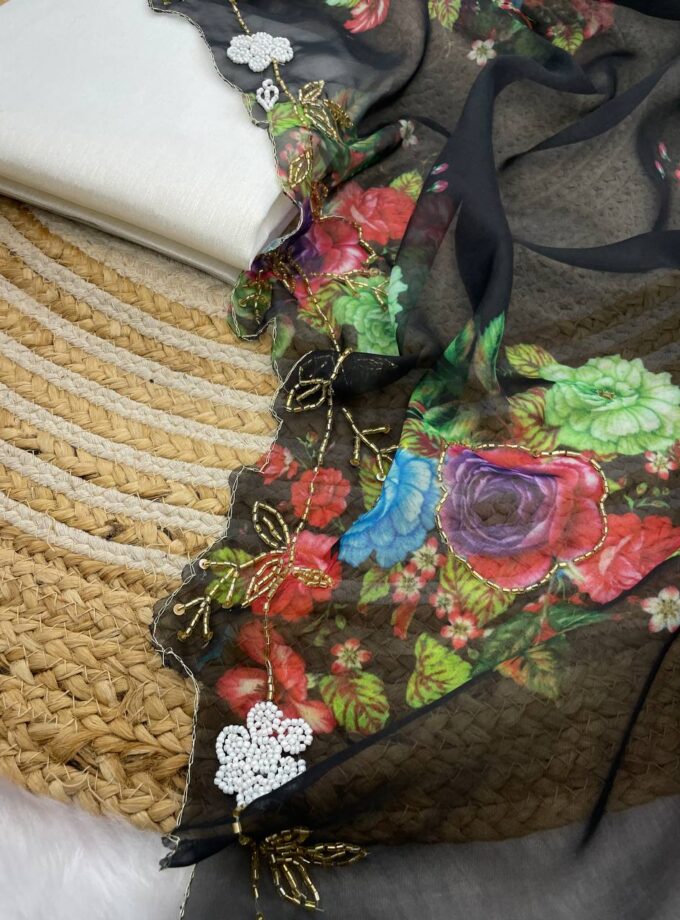 Madhurya Hand Embellished Floral Net Saree in Black Colour