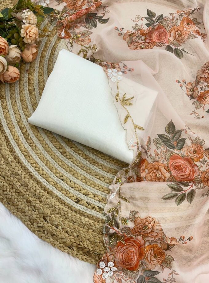 Madhurya Hand Embellished Floral Net Saree in Peach Colour