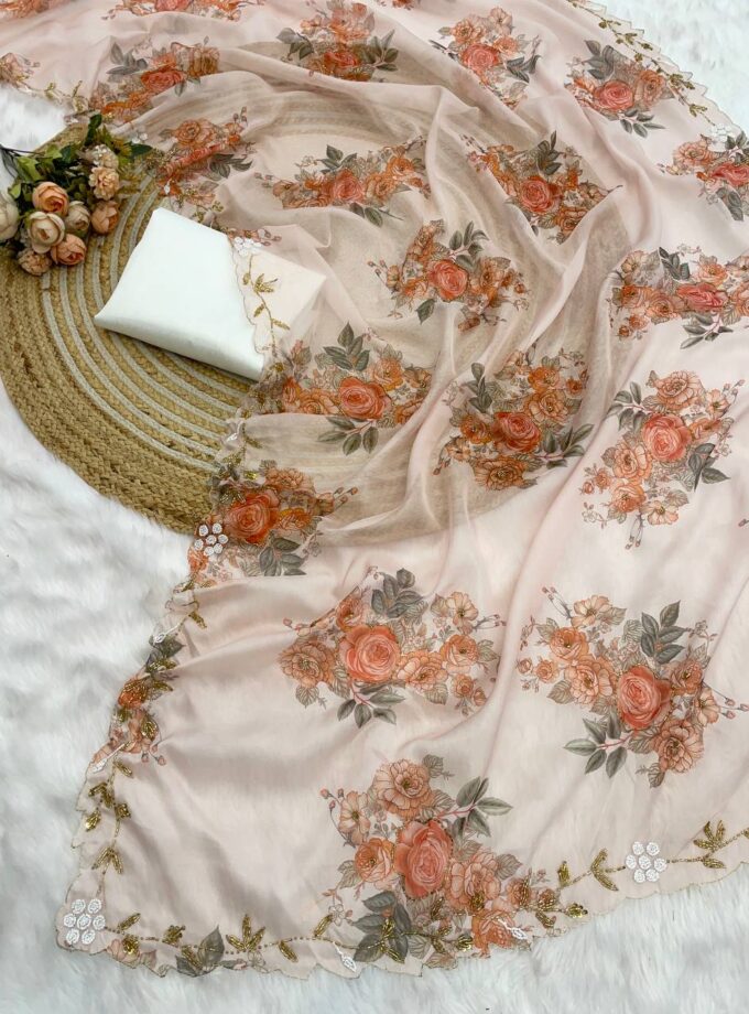 Madhurya Hand Embellished Floral Net Saree in Peach Colour