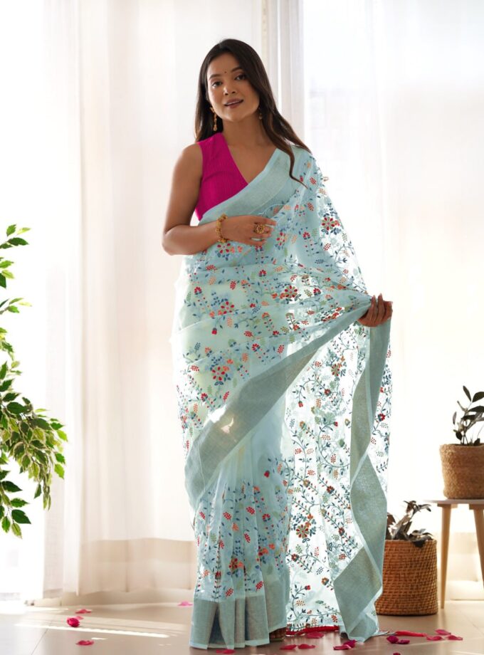 Organza Silk Saree With Zari weaving Patta on Border