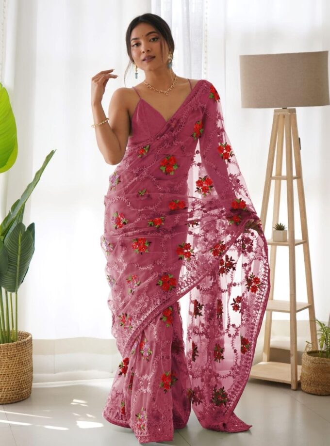Aari Embroidery With Butterfly Net Saree