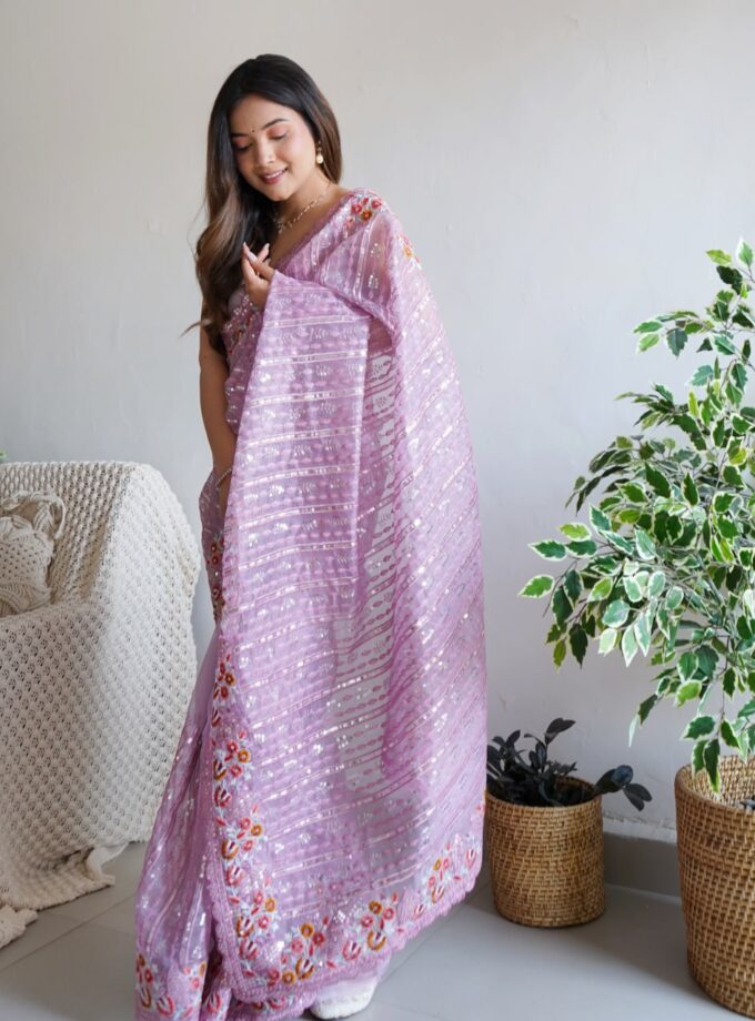 Pink Organza Silk Saree With Beautiful Blouse Piece