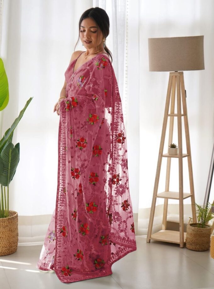Aari Embroidery With Butterfly Net Saree