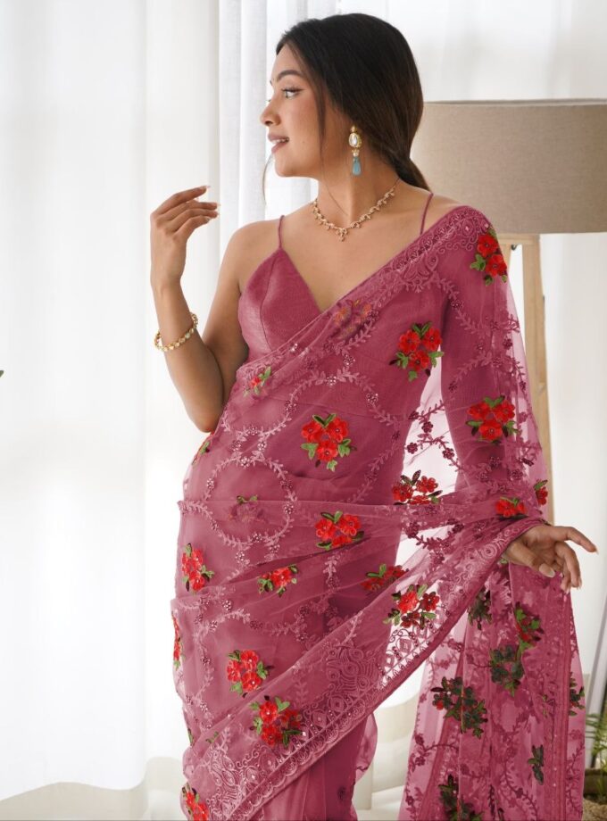 Aari Embroidery With Butterfly Net Saree