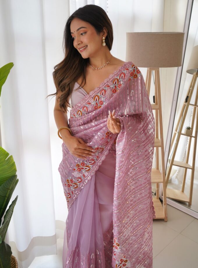 Pink Organza Silk Saree With Beautiful Blouse Piece