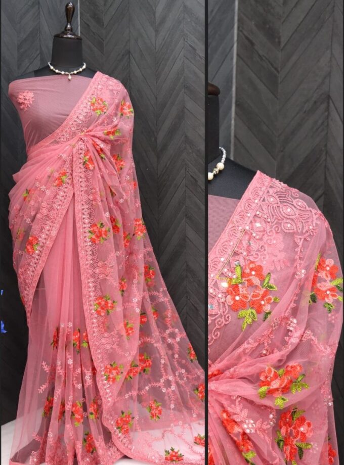 Aari Embroidery With Butterfly Net Saree