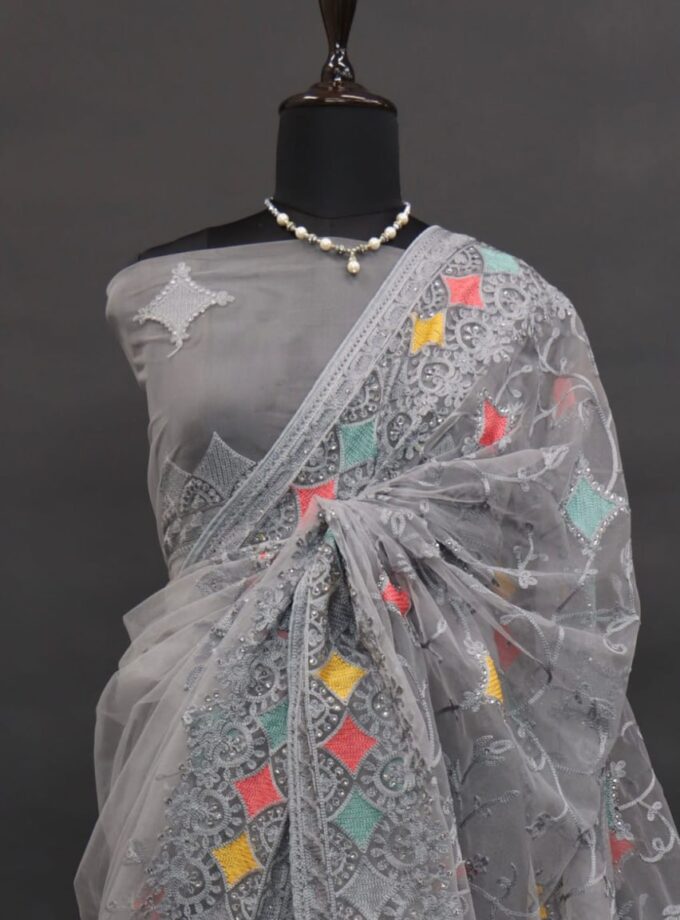 Multy Colour Thread and Aari Embroidery Saree