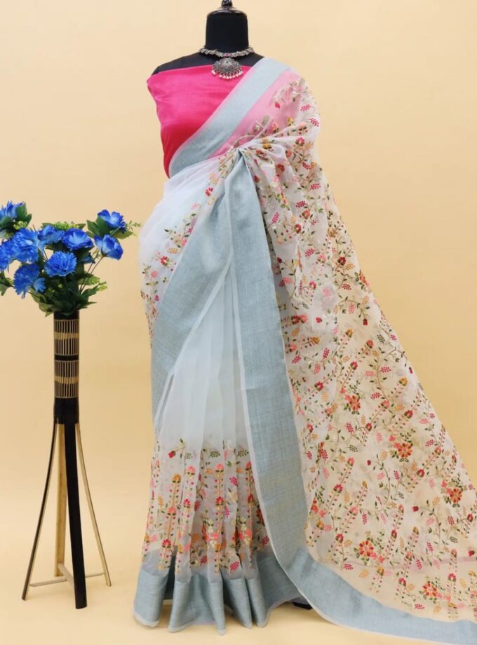 Organza Silk Saree With Zari weaving Patta on Border